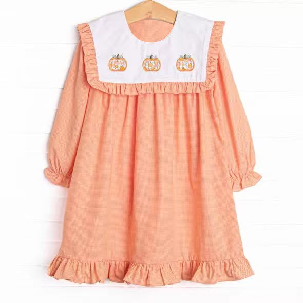 preorder GLD1645 Thanksgiving Pumpkin Orange Long Sleeve Girls Dress