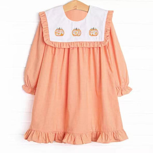 preorder GLD1645 Thanksgiving Pumpkin Orange Long Sleeve Girls Dress