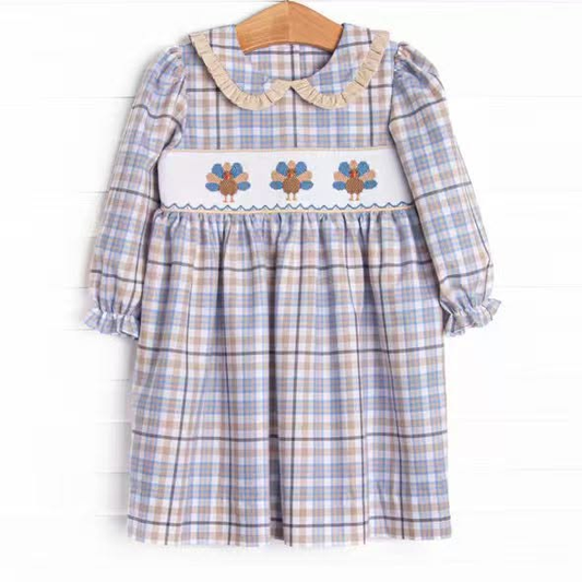 preorder GLD1647 Thanksgiving Turkey Checkered Long Sleeve Girls Dress