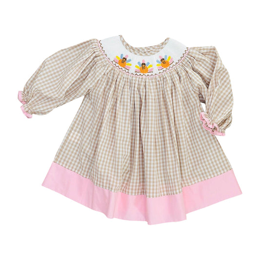 preorder GLD1648 Thanksgiving Turkey Checkered Long Sleeve Girls Dress
