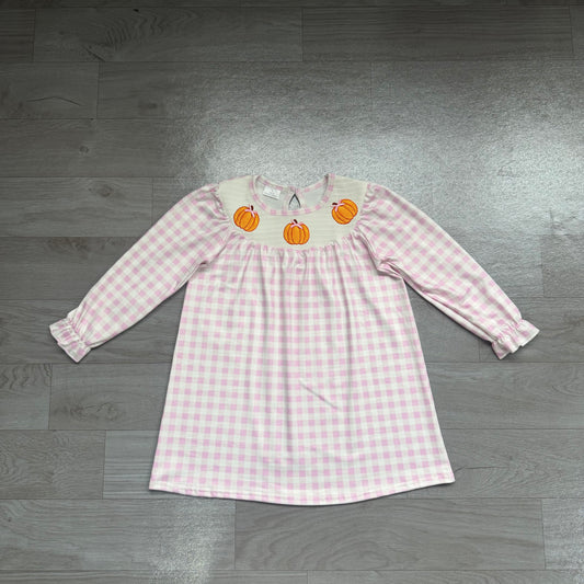 preorder Samples GLD1649 Smocked Pumpkin Purple Checkered Short Sleeve Girls Dress
