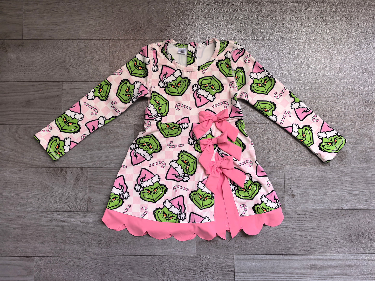 preorder Samples GLD1651 Yoga Christmas Green Face Bows Pink Long Sleeve Girls Dress