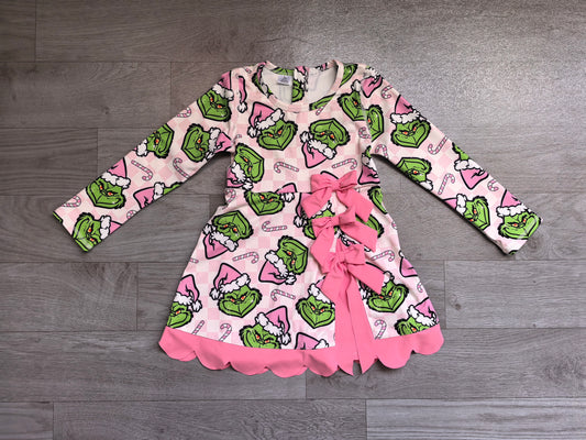 preorder Samples GLD1651 Yoga Christmas Green Face Bows Pink Long Sleeve Girls Dress