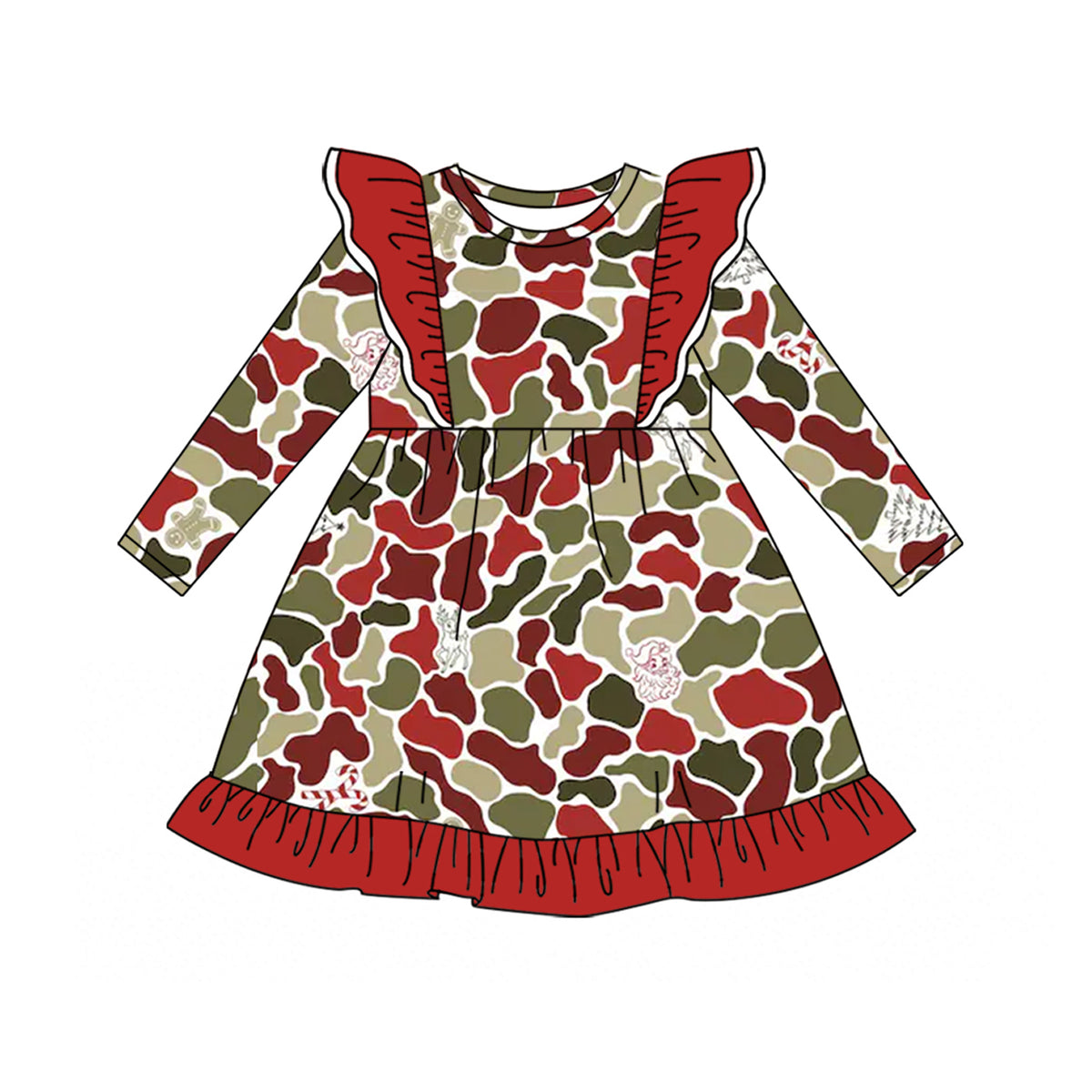 preorder GLD1654 Christmas Camo Santa Long Sleeve Girls Dress
