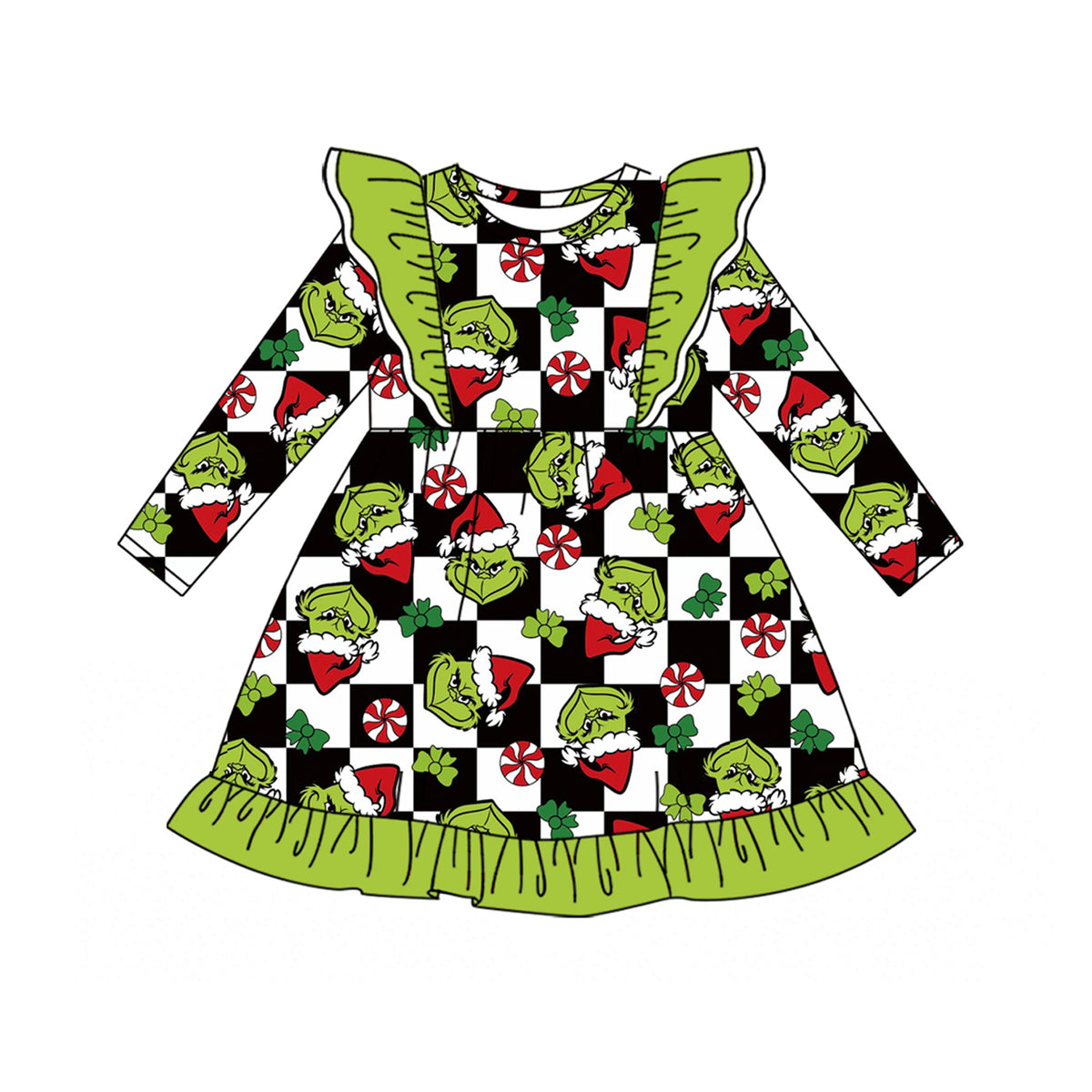 preorder GLD1655 Christmas Green Face Checkered Long Sleeve Girls Dress