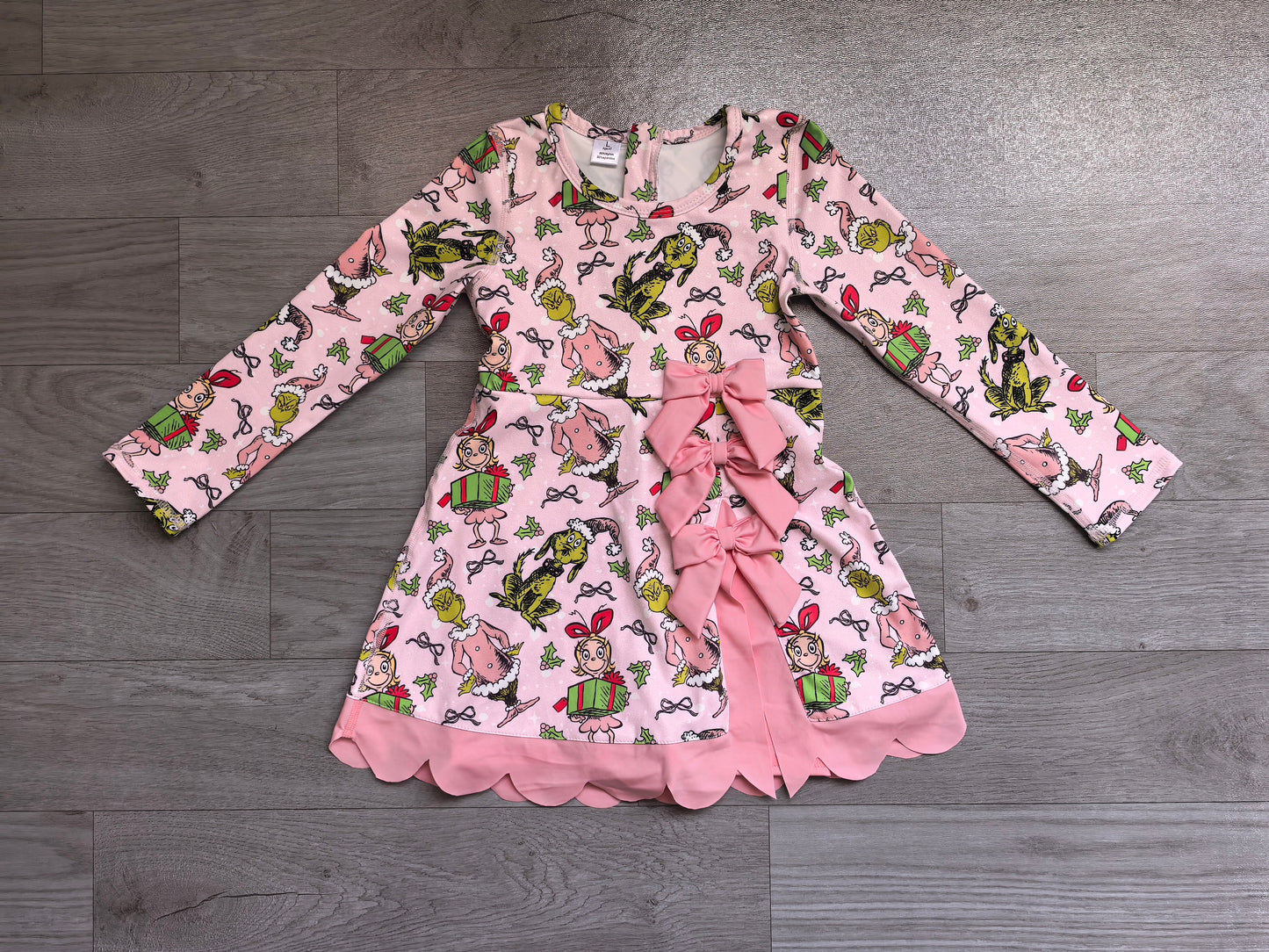 preorder Samples GLD165 Yoga Christmas Green Face Bows Pink Long Sleeve Girls Dress