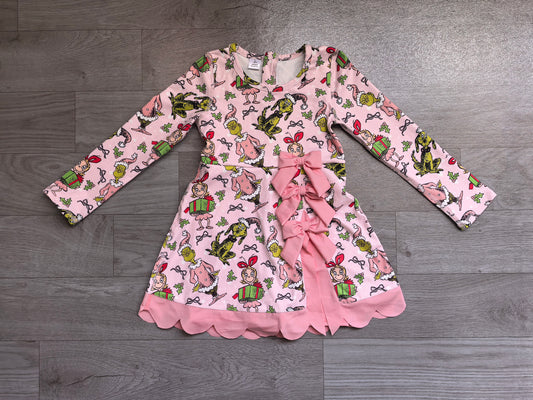 preorder Samples GLD165 Yoga Christmas Green Face Bows Pink Long Sleeve Girls Dress