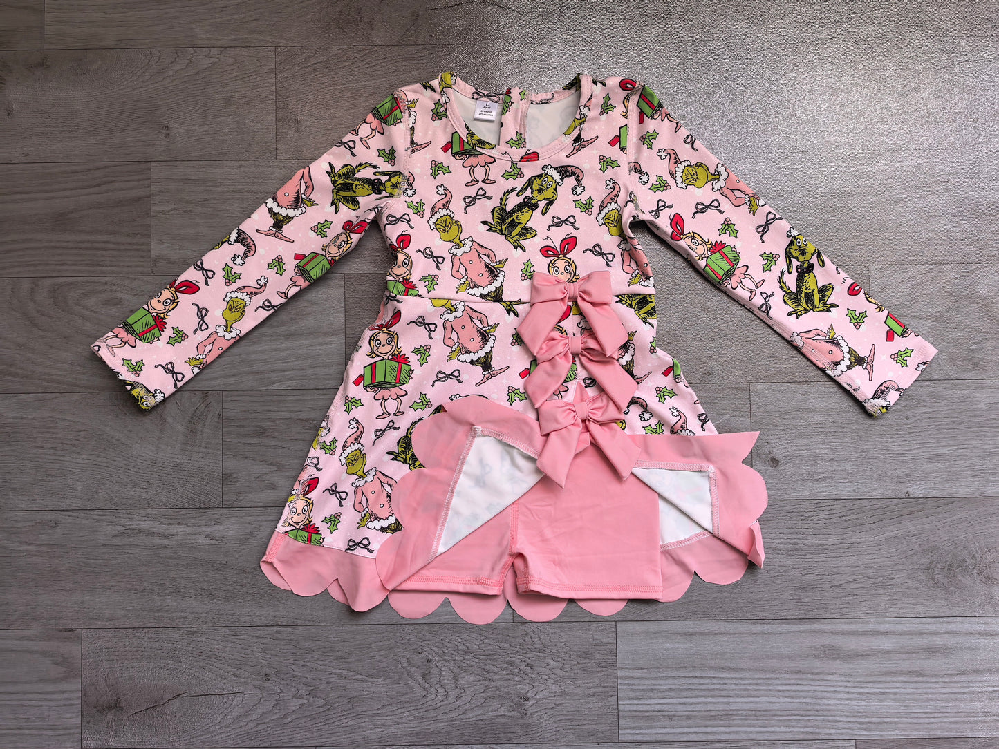 preorder Samples GLD165 Yoga Christmas Green Face Bows Pink Long Sleeve Girls Dress