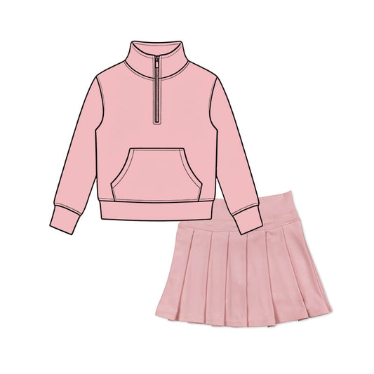 preorder GLD1657 Pink Pocket Zipper Long Sleeve Skorts Girls Set