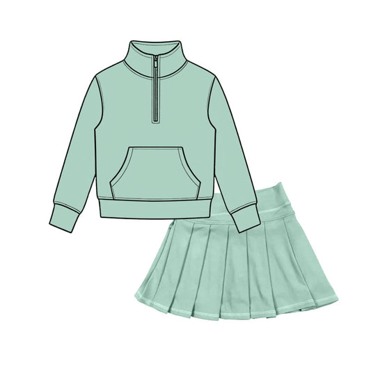 preorder GLD1658 Green Pocket Zipper Long Sleeve Skorts Girls Set