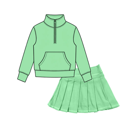 preorder GLD1659 Green Pocket Zipper Long Sleeve Skorts Girls Set