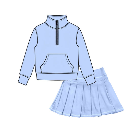 preorder GLD1660 Blue Pocket Zipper Long Sleeve Skorts Girls Set