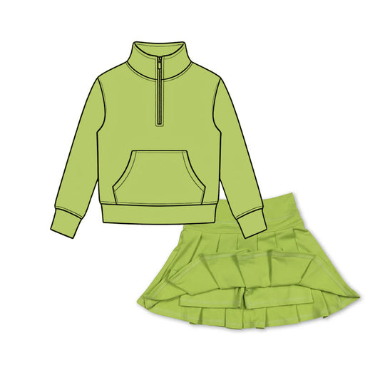 preorder GLD1661 Green Pocket Zipper Long Sleeve Skorts Girls Set