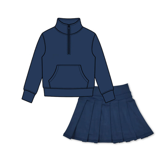 preorder GLD1662 Navy Blue Pocket Zipper Long Sleeve Skorts Girls Set