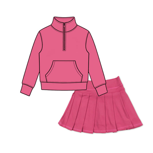 preorder GLD1663 Hot Pink Pocket Zipper Long Sleeve Skorts Girls Set