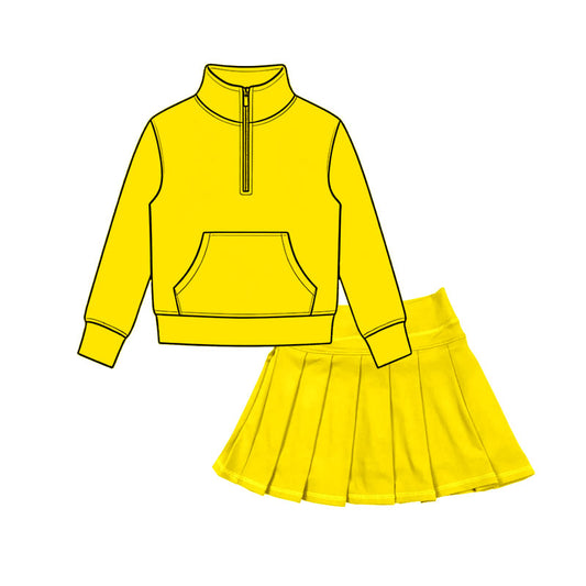 preorder GLD1664 Yellow Pocket Zipper Long Sleeve Skorts Girls Set