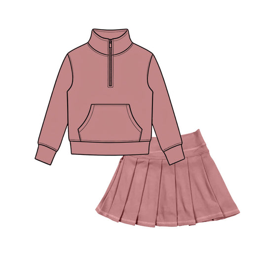 preorder GLD1666 Dusty Pink Pocket Zipper Long Sleeve Skorts Girls Set