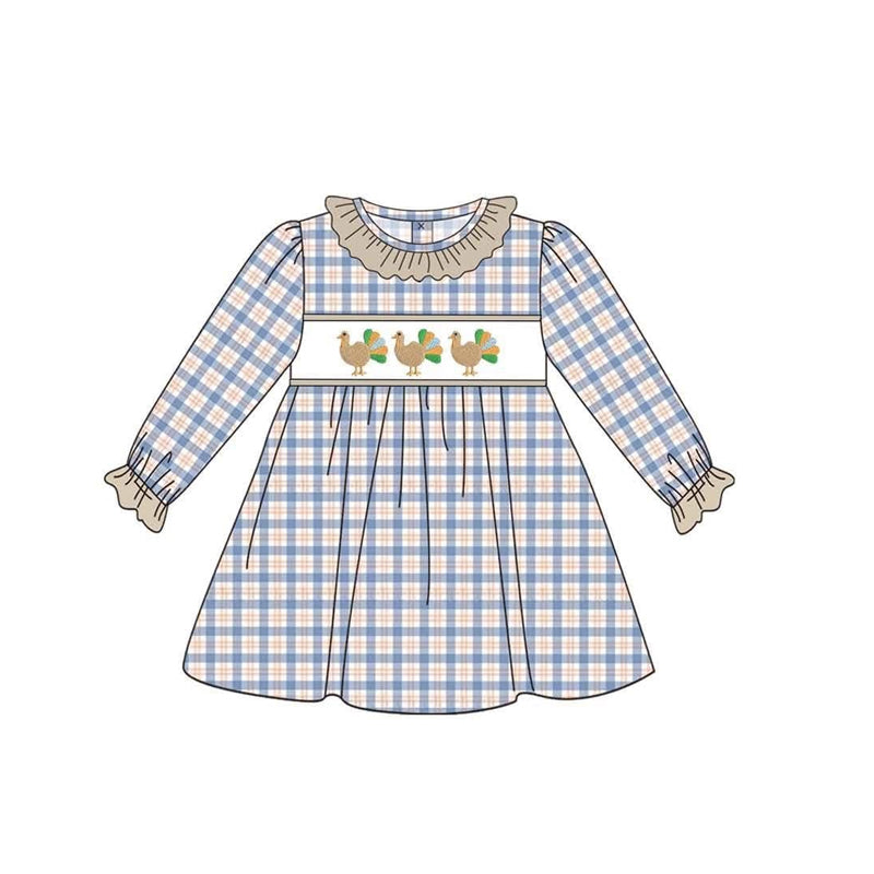 preorder GLD1667 Turkey Blue Checkered Long Sleeve Girls Dress