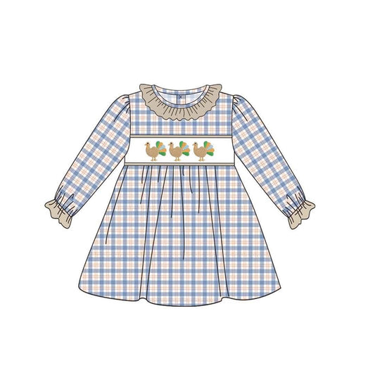 preorder GLD1667 Turkey Blue Checkered Long Sleeve Girls Dress