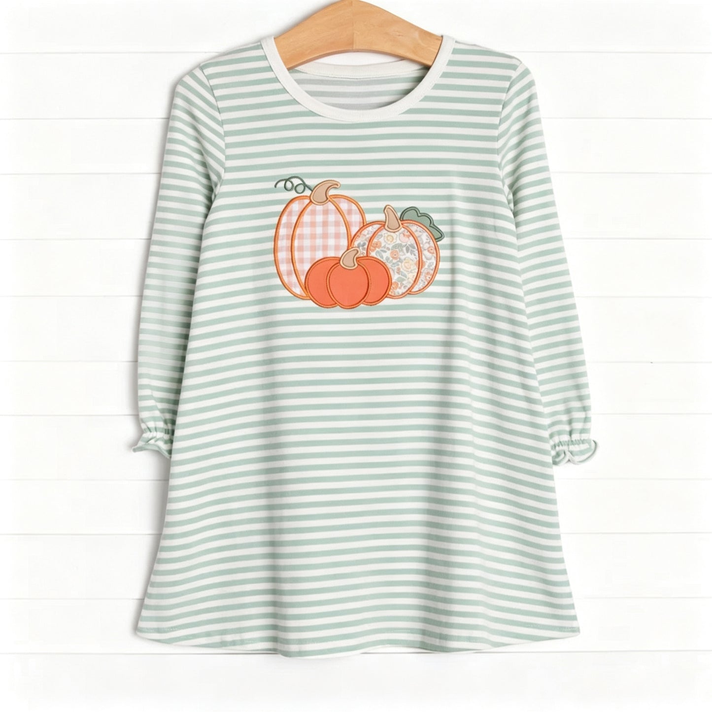 preorder GLD1674 Pumpkin Green Striped Long Sleeve Girls Dress