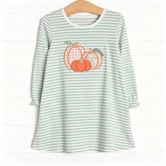 preorder GLD1674 Pumpkin Green Striped Long Sleeve Girls Dress