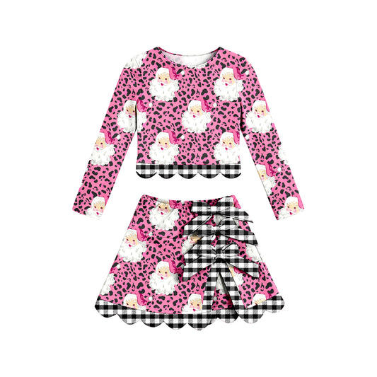 preorder GLD1675 Yoga Scallop Christmas Santa Leopard Long Sleeve Bows Skorts Girls Set