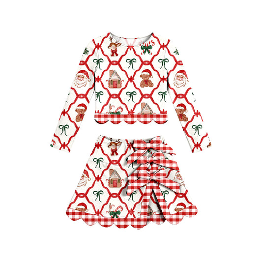 preorder GLD1676 Yoga Scallop Christmas Santa Bows Long Sleeve Bows Skorts Girls Set