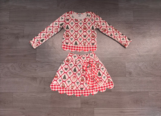 preorder Samples GLD1676 Yoga Scallop Christmas Santa Bows Long Sleeve Bows Skorts Girls Set