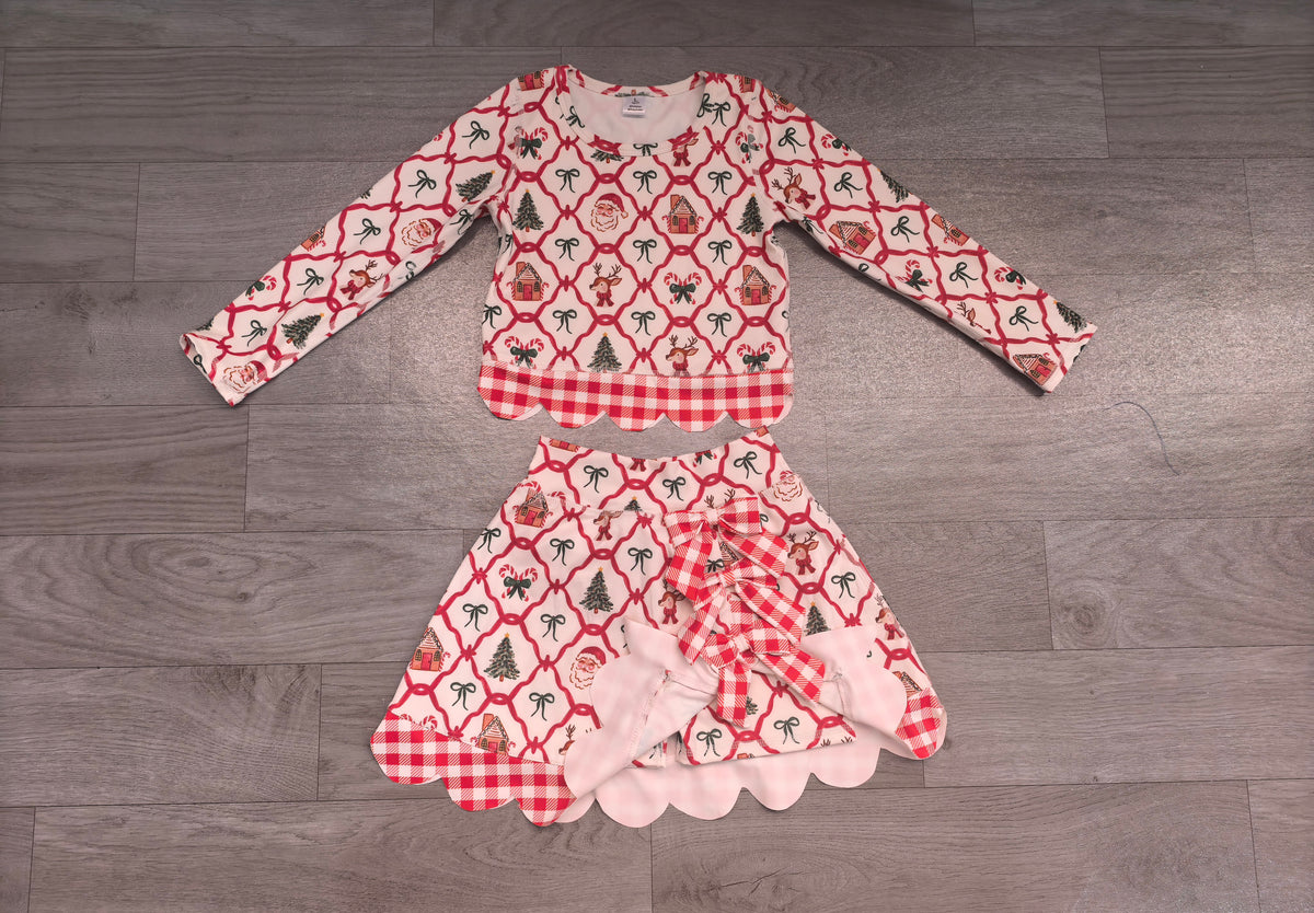 preorder Samples GLD1676 Yoga Scallop Christmas Santa Bows Long Sleeve Bows Skorts Girls Set