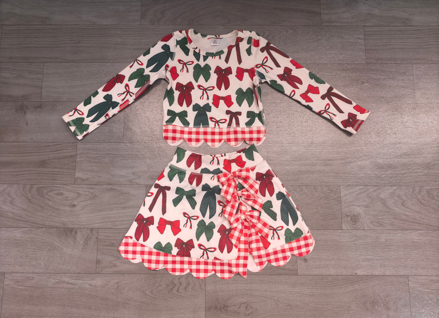 preorder Samples GLD1677 Yoga Scallop Christmas Bows Long Sleeve Bows Skorts Girls Set