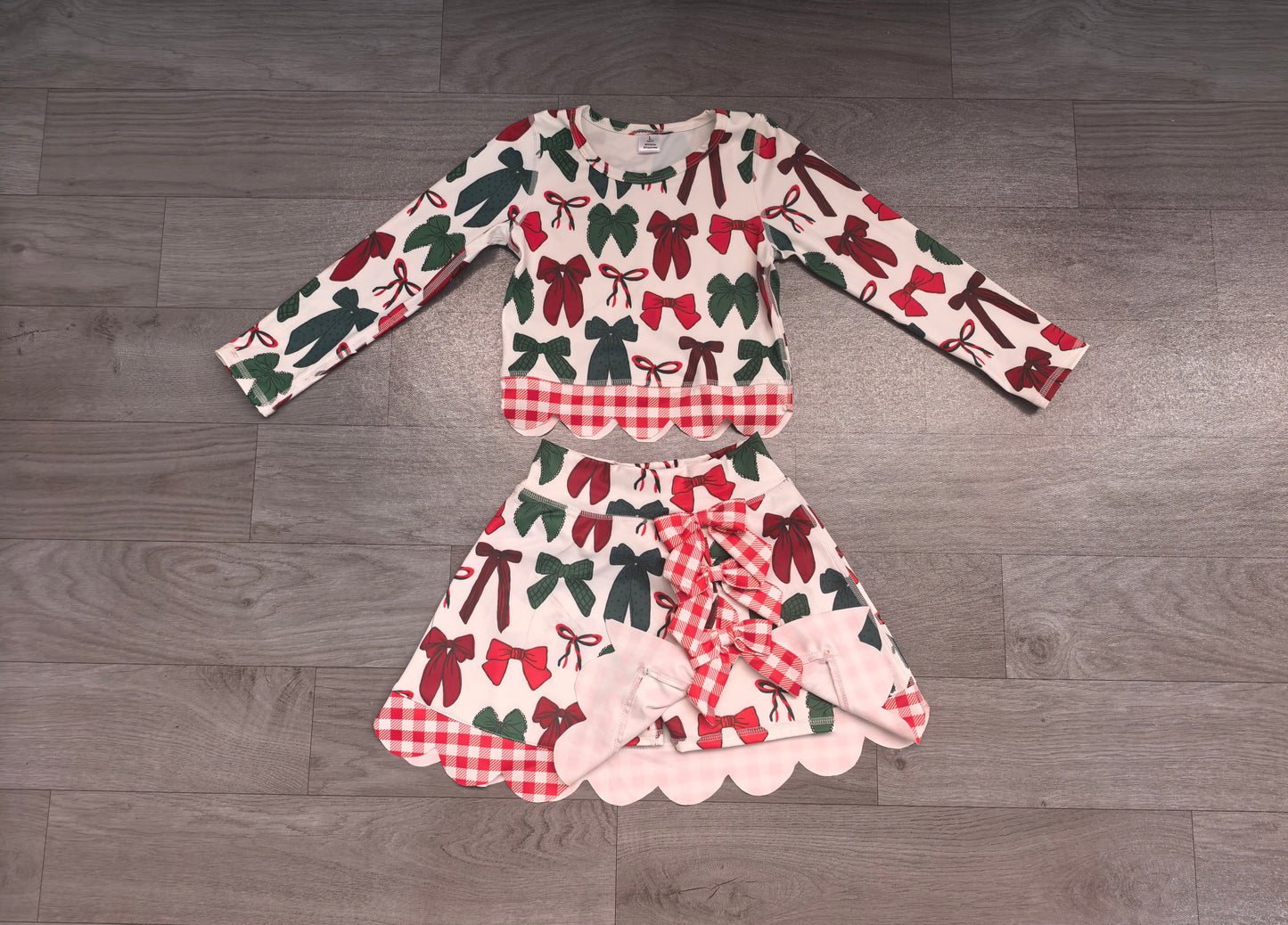 preorder Samples GLD1677 Yoga Scallop Christmas Bows Long Sleeve Bows Skorts Girls Set
