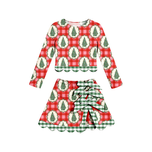 preorder GLD1678 Yoga Scallop Christmas Tree Checkered Long Sleeve Bows Skorts Girls Set