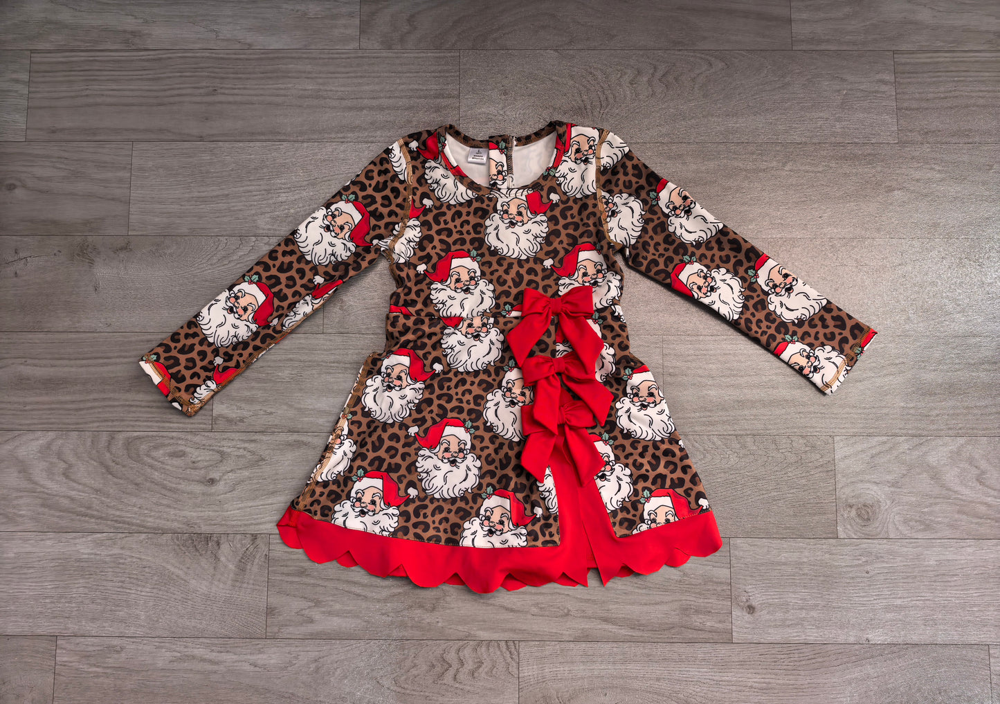preorder Samples GLD1679 Christmas Leopard Santa Long Sleeve Girls Dress