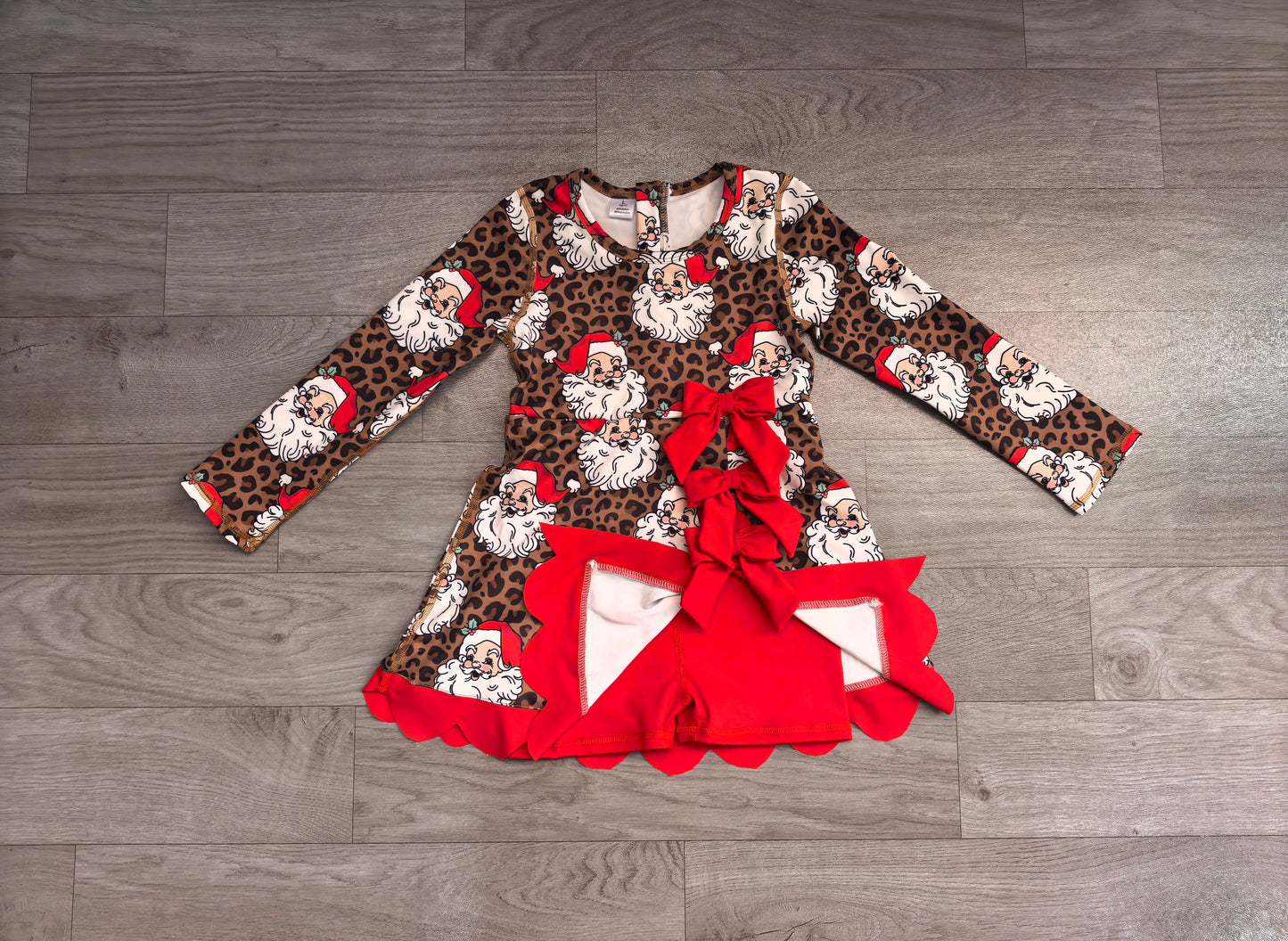 preorder Samples GLD1679 Christmas Leopard Santa Long Sleeve Girls Dress