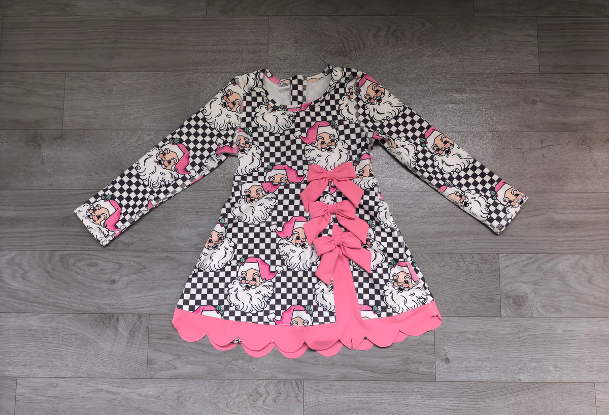 preorder Samples GLD1680 Christmas Santa Checkered Bows Skorts Long Sleeve Girls Dress
