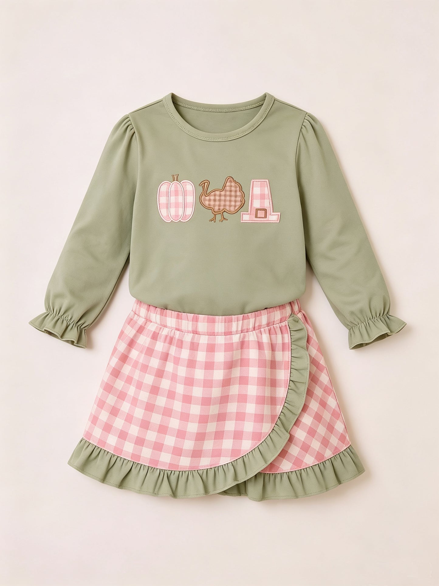 preorder GLD1684 Turkey Pumpkin Green Long Sleeve Pink Checkered Skorts Girls Set