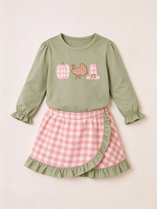 preorder GLD1684 Turkey Pumpkin Green Long Sleeve Pink Checkered Skorts Girls Set