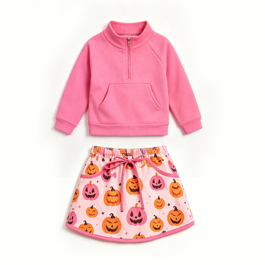 preorder GLD1685 Yoga Halloween Pink Pocket Zipper Long Sleeve Pumpkin Skorts Girls Set