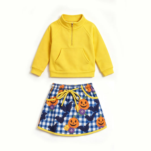 preorder GLD1686 Yoga Halloween Yellow Pocket Zipper Long Sleeve Pumpkin Skorts Girls Set