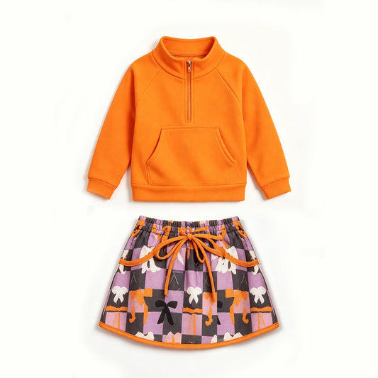 preorder GLD1687 Yoga Halloween Orange Pocket Zipper Long Sleeve Bows Skorts Girls Set