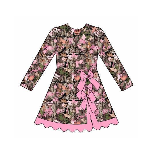 preorder GLD1689 Yoga Hunting Pink Bows Long Sleeve Girls Dress