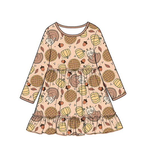 preorder GLD1691 Thanksgiving Turkey Pumpkin Long Sleeve Girls Dress