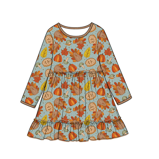 preorder GLD1692 Thanksgiving Turkey Pumpkin Long Sleeve Girls Dress