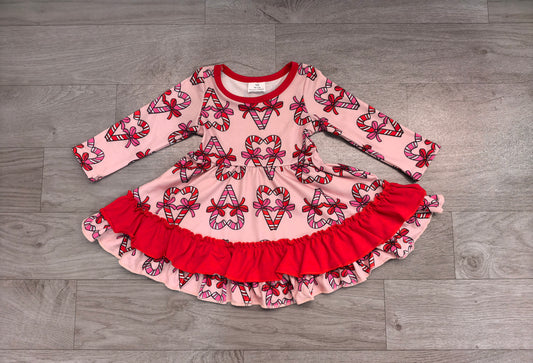 preorder Samples GLD1695 Christmas Candy Cane Bows Long Sleeve Girls Dress