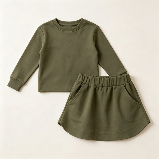 preorder GLD1698 Green Sweatshirt Long Sleeve Skorts Girls Set