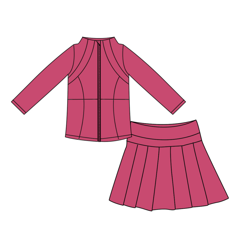 preorder GLD1703 Yoga Hot Pink Zipper Long Sleeve Skorts Girls Set