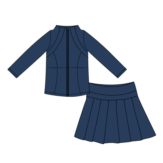 preorder GLD1705 Yoga Navy Blue Zipper Long Sleeve Skorts Girls Set