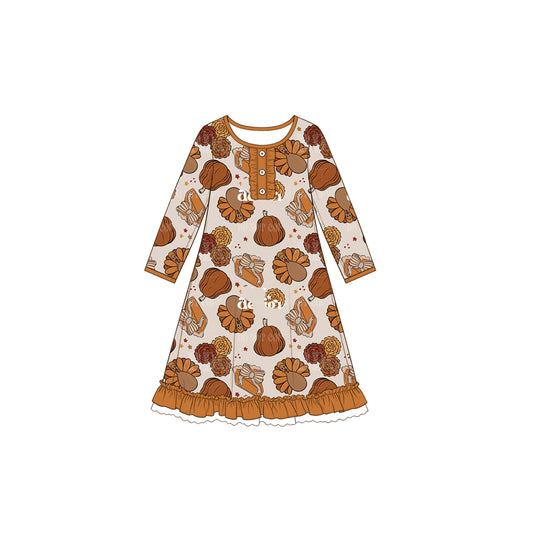 preorder GLD1706 Thanksgiving Turkey Pumpkin Long Sleeve Girls Dress