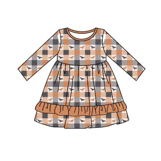preorder GLD1707 Halloween Bat Checkered Long Sleeve Girls Dress