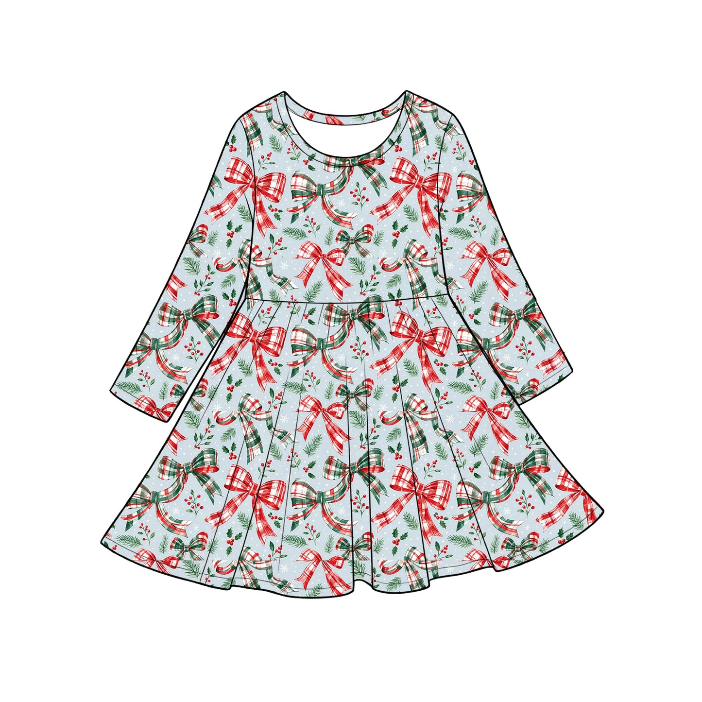 preorder GLD1709 Christmas Green Red Bows Long Sleeve Girls Dress